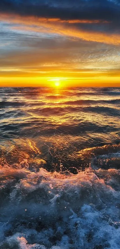 Golden ocean sunset with vibrant waves crashing.