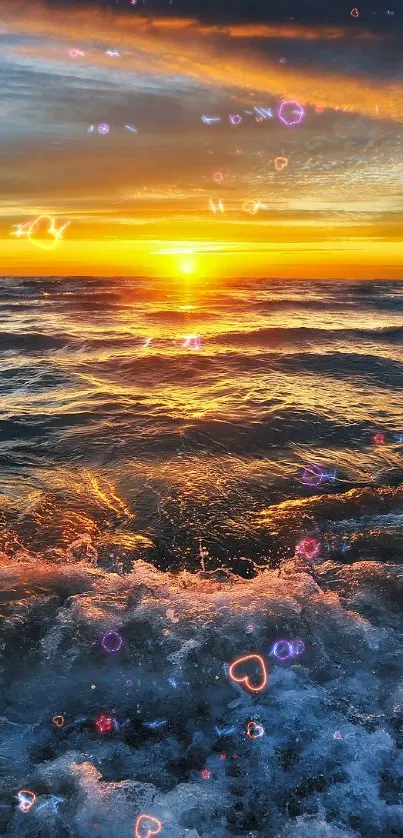 Sunset over ocean waves with vibrant colors and stunning sky, perfect for wallpaper.