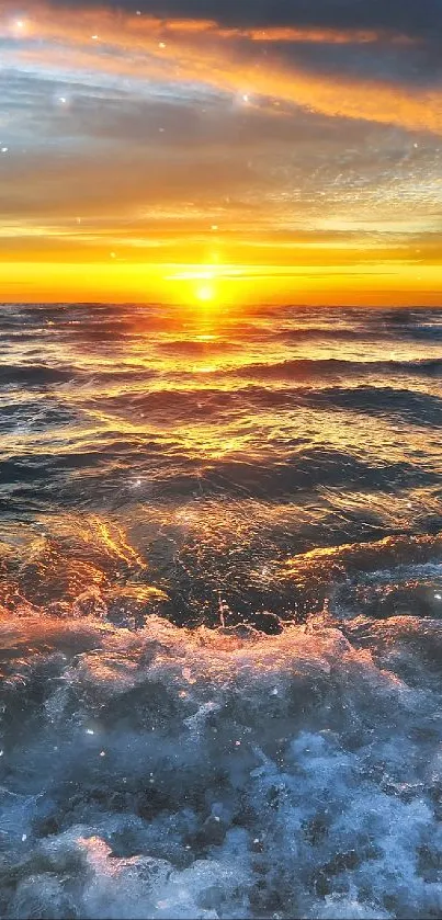 Vibrant ocean sunset with waves crashing and colorful sky.