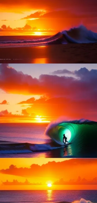 Breathtaking ocean sunset with waves and a surfer, captured in vibrant colors.