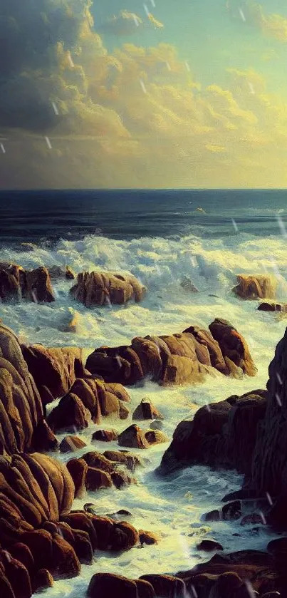 Dramatic ocean scene with waves crashing on rocky coast.