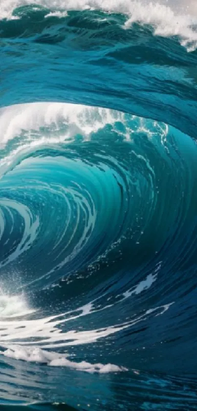 A stunning view of a giant turquoise ocean wave curling majestically.