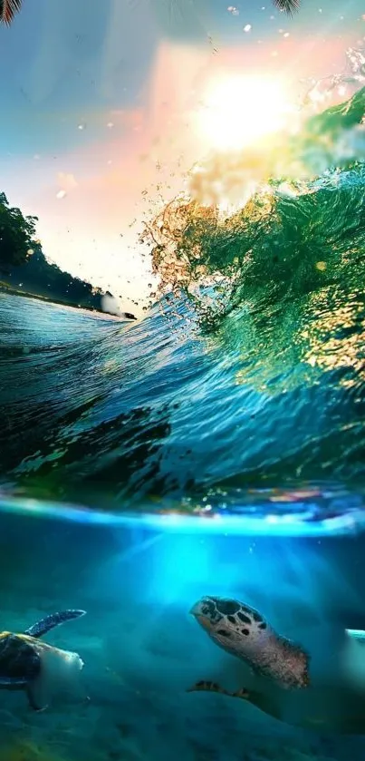 Stunning ocean wave with turtles and sunlight in green-blue hues.