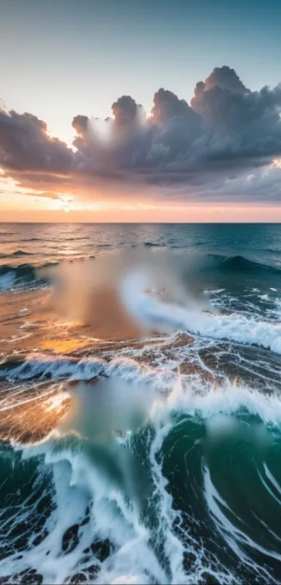 Sunset casting light over ocean waves and clouds.