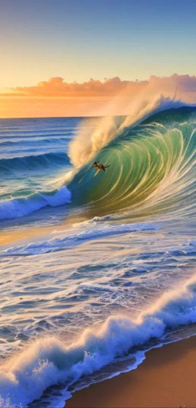 Surfer riding a giant ocean wave at sunset.