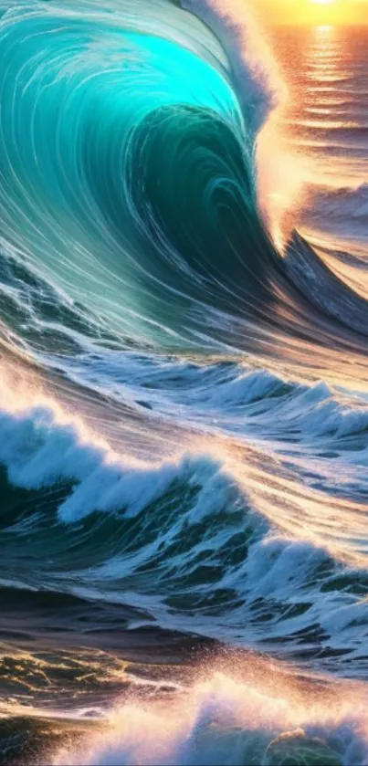 Vibrant turquoise and sunset ocean wave mobile wallpaper.