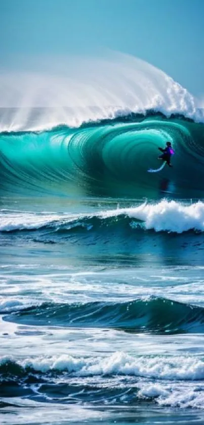 Surfer riding a massive teal wave.