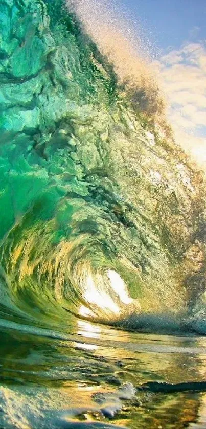 Vibrant ocean wave crashing with turquoise and golden hues.