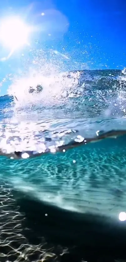 Ocean wave and sunlight in a vibrant blue ocean scene.