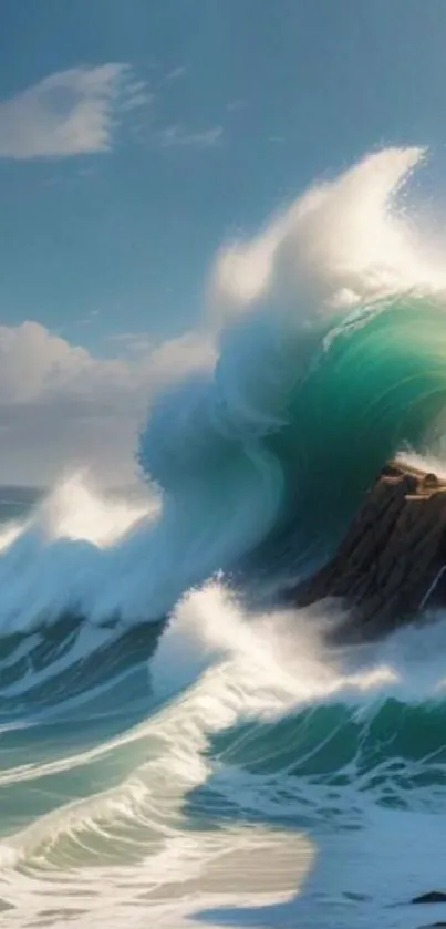 Majestic ocean waves hitting rocky cliffs under a clear sky.