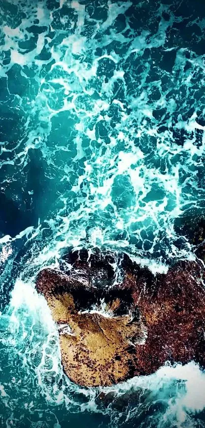 Aerial view of ocean waves crashing over rocky cliffs with turquoise waters.