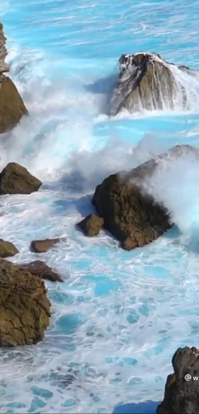 Dynamic ocean waves crash against rocky cliffs with vibrant blue tones.