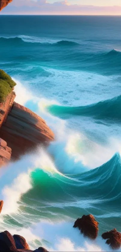 Breathtaking view of ocean waves crashing against cliffs at sunset.
