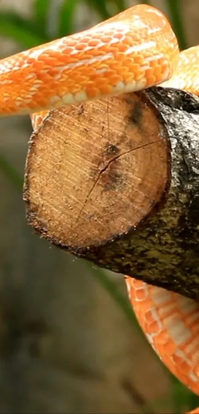 Bright orange snake coiling around wood, nature themed wallpaper.