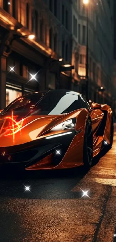 Sleek orange supercar on city street at night.