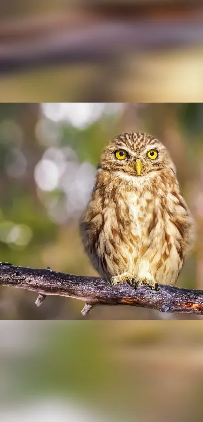 Majestic owl perched on branch in forest wallpaper.