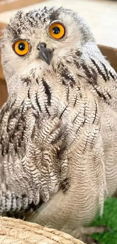 Gray owl with bright orange eyes on green background.