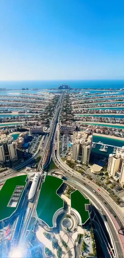 Aerial view of Palm Jumeirah, Dubai, with blue sea and modern architecture.