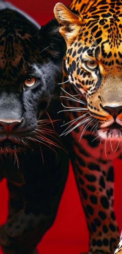 Panther and leopard on a bold red background, perfect for wildlife wallpaper.