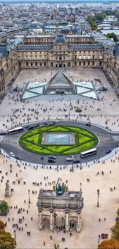 Stunning aerial view of the Louvre Museum and gardens in Paris.