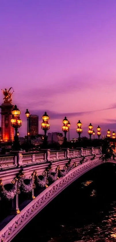 Stunning Parisian bridge at dusk with a purple sunset sky.