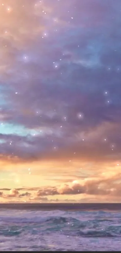 Pastel ocean sky with clouds and stars, mobile wallpaper.