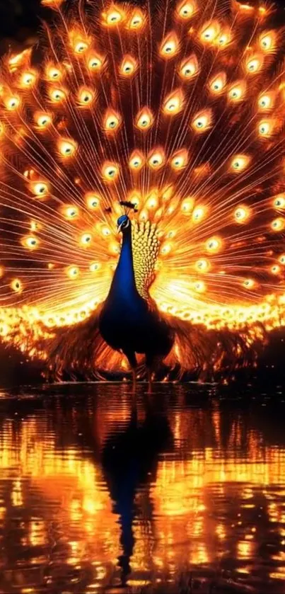 Vibrant peacock with dazzling open feathers reflected in water.