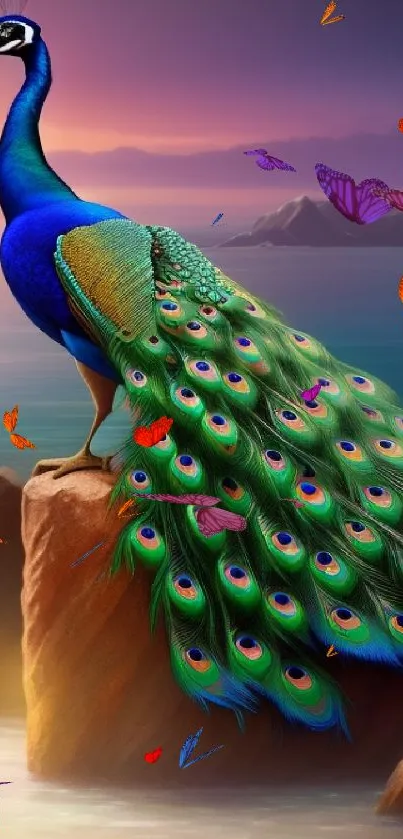 A majestic peacock with vibrant feathers on a rock at sunset.