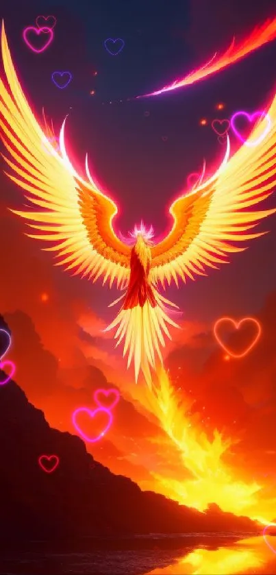 Phoenix with fiery wings against a blazing sky.