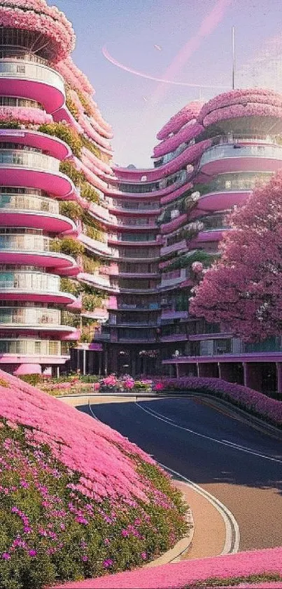 Pink architectural buildings with lush blossoms at sunset.