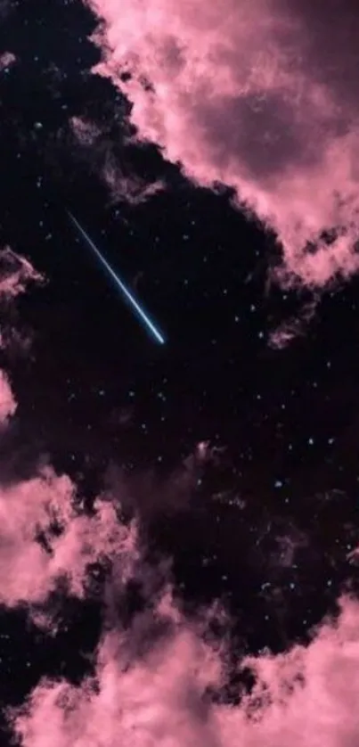 Pink cloudy night sky with shooting star and stars.