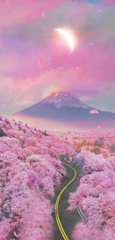 Dreamy pink landscape with crescent moon and mountain.