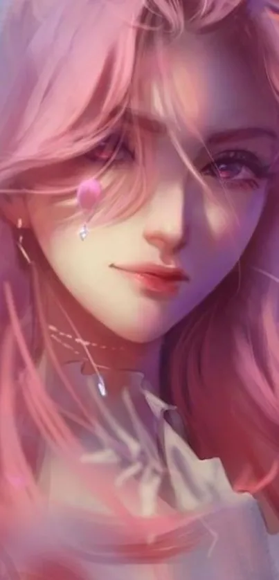 Digital artwork of a girl with flowing pink hair.