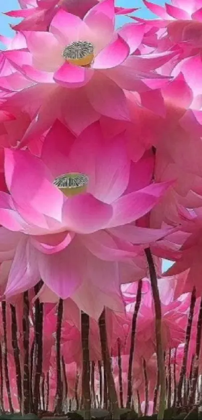 Pink lotus flowers under blue sky, vibrant and serene.