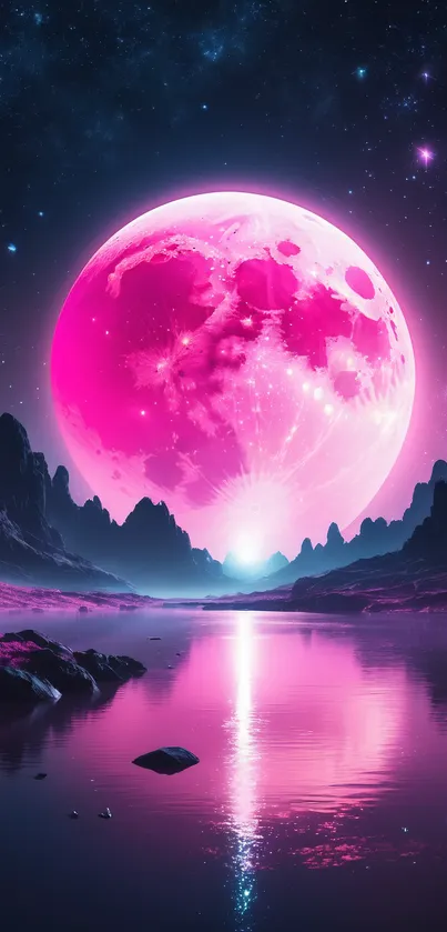 Pink moon over water with starry sky.