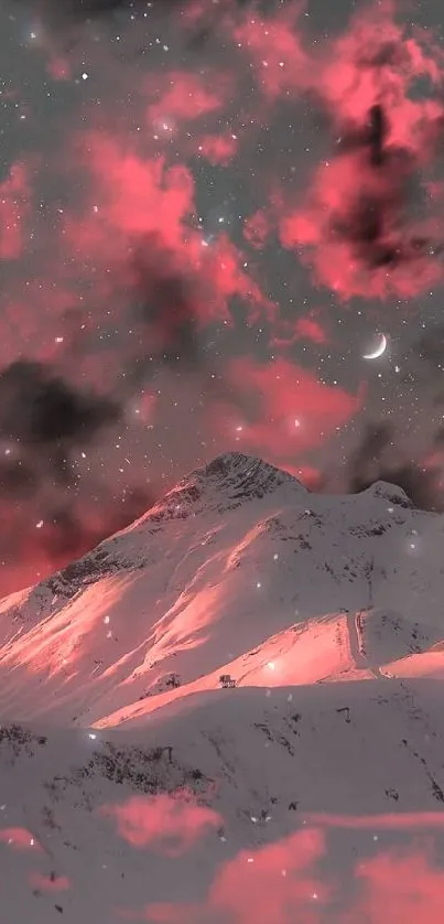 Mountain under pink night sky with stars.