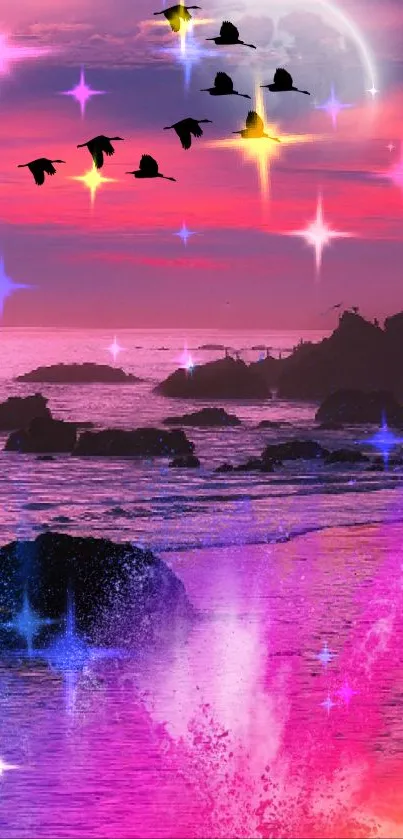 Pink ocean sunset with serene waters and rocks.