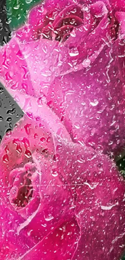 Vibrant pink roses with water droplets on a dark background.