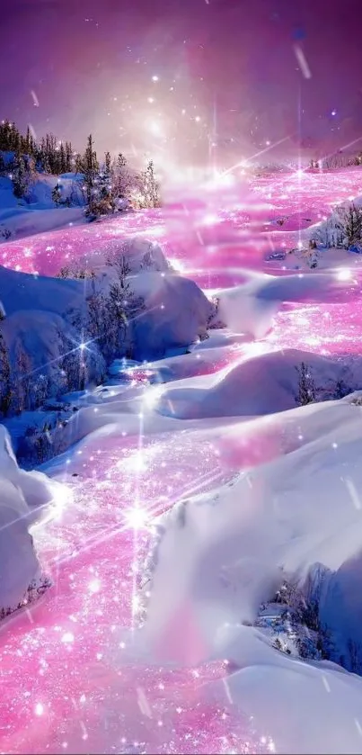 Pink sparkling snowy landscape mobile wallpaper.