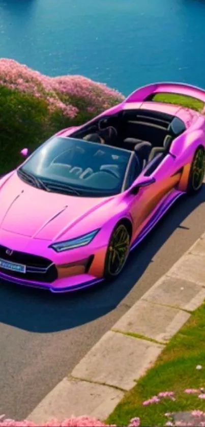 Vibrant pink sports car on scenic road with coastal view.