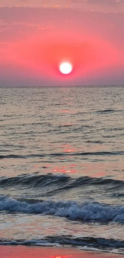 Vibrant pink sunset over ocean waves with a tranquil seascape.