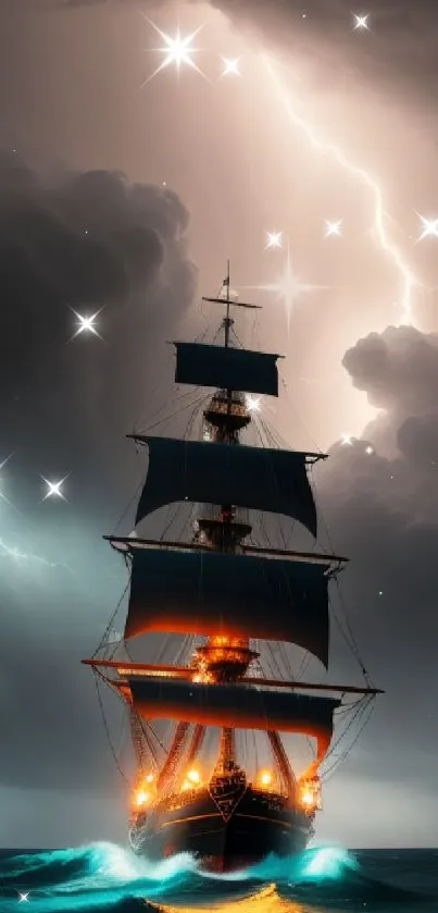 Majestic pirate ship under a stormy sky with stars and lightning.