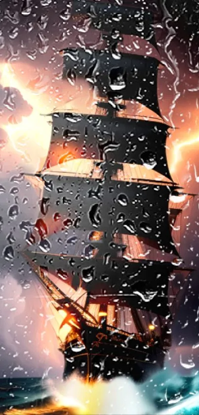 Pirate ship in storm with rain and lightning mobile wallpaper.