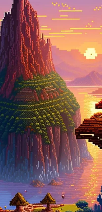 Pixel art depicting a sunset over a tall mountain with vibrant orange hues.