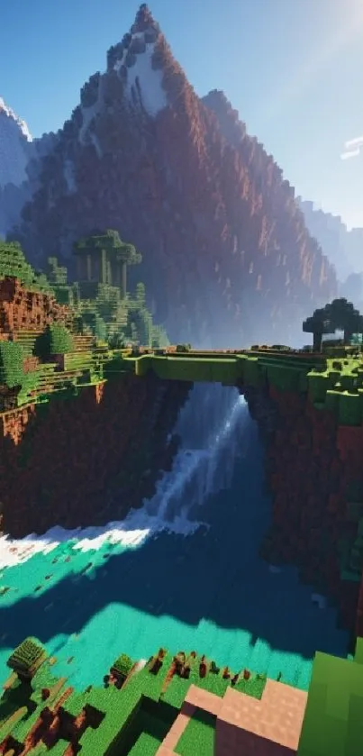 Pixelated mountain scene with waterfall and forest.