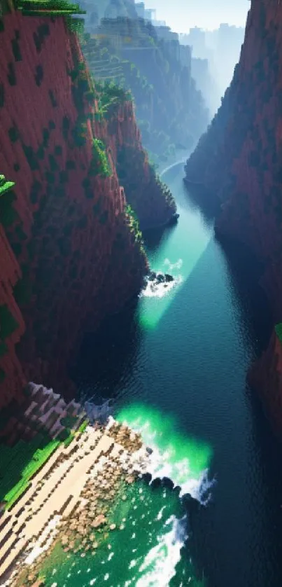 Pixelated nature scene with river, cliffs, and greenery.