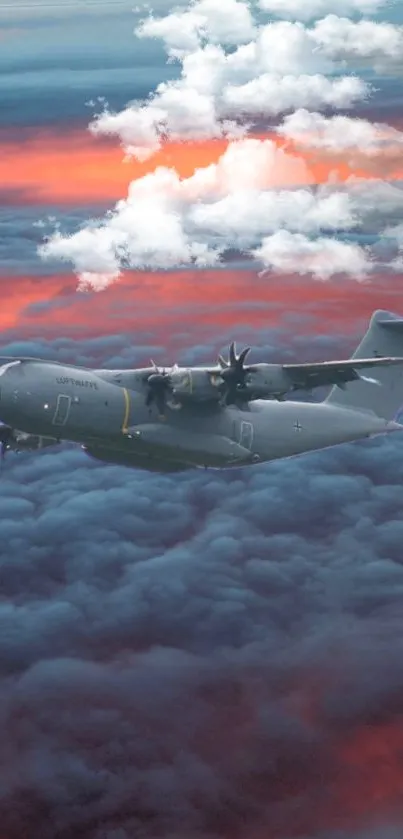 Airplane flying through sunset clouds in a stunning landscape.