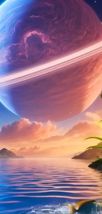 Fantasy planet with vibrant colors over water.