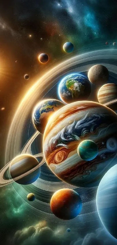 Vibrant solar system with colorful planets.