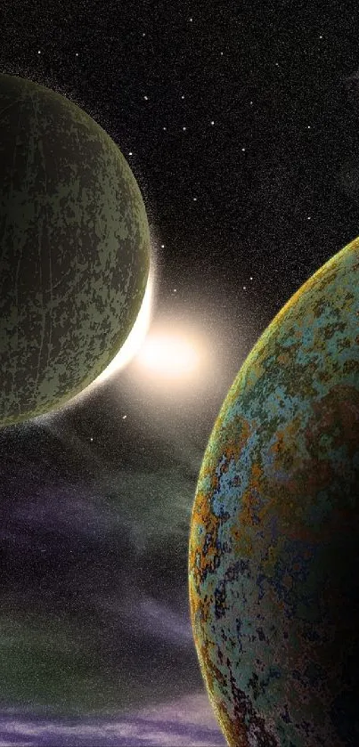 Mobile wallpaper with two planets and a starry sky.